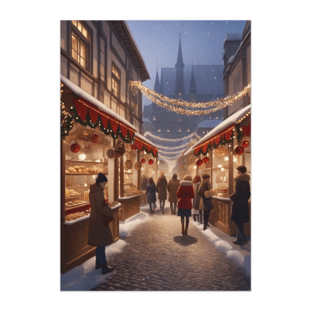 雪降るクリスマスマーケットの温かな路地(イラスト風ポスター)