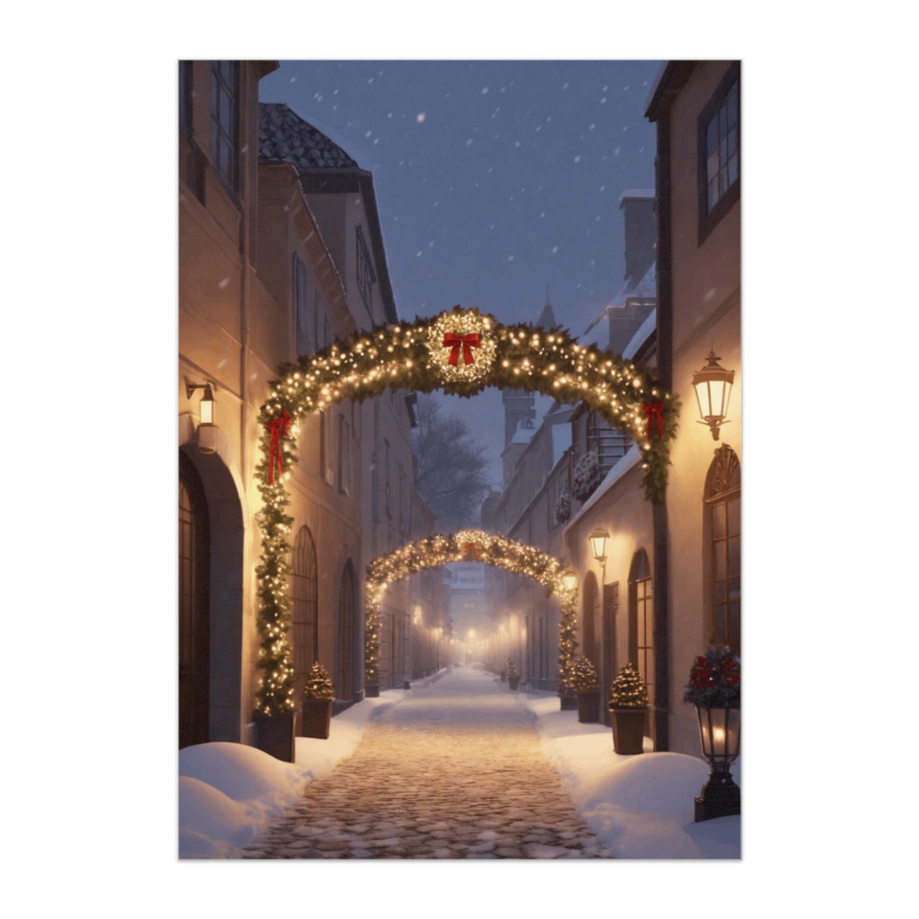 光のアーチが続く冬の路地(イラスト風ポスター)