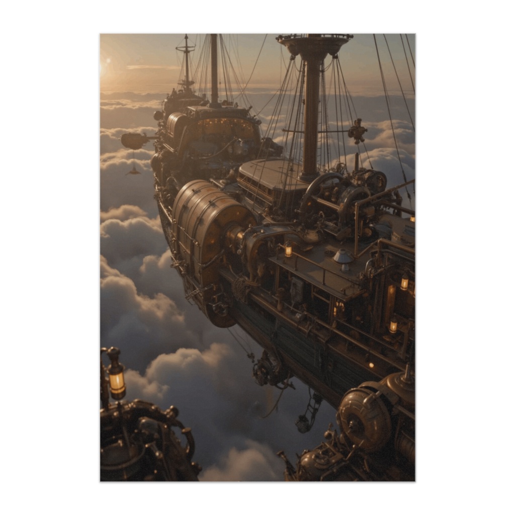 天空を航行する蒸気飛行船艦隊ポスター
