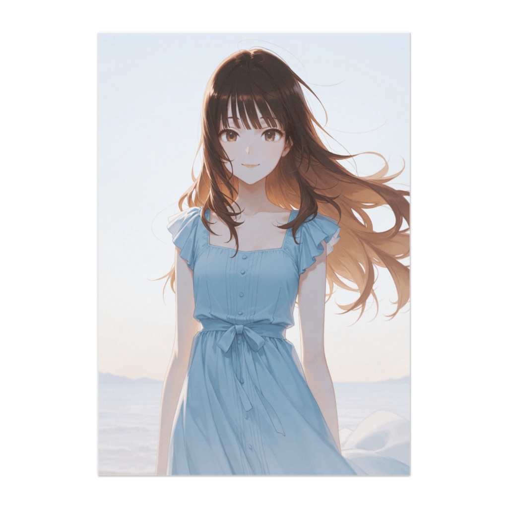 青空に微笑む癒しの清楚美女 ― パステルブルーの透明感ポスター(イラスト風)