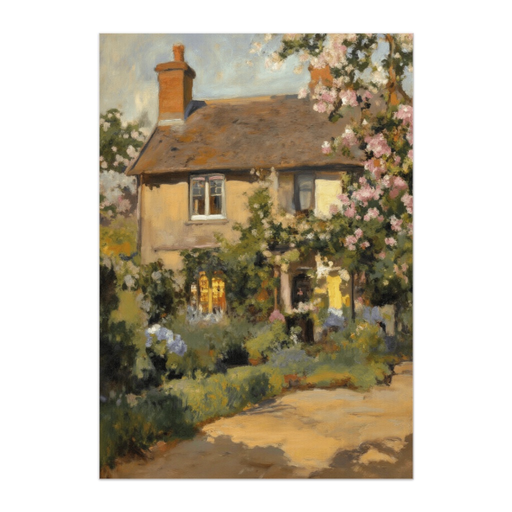 夕暮れのコテージガーデン(油絵風ポスター)