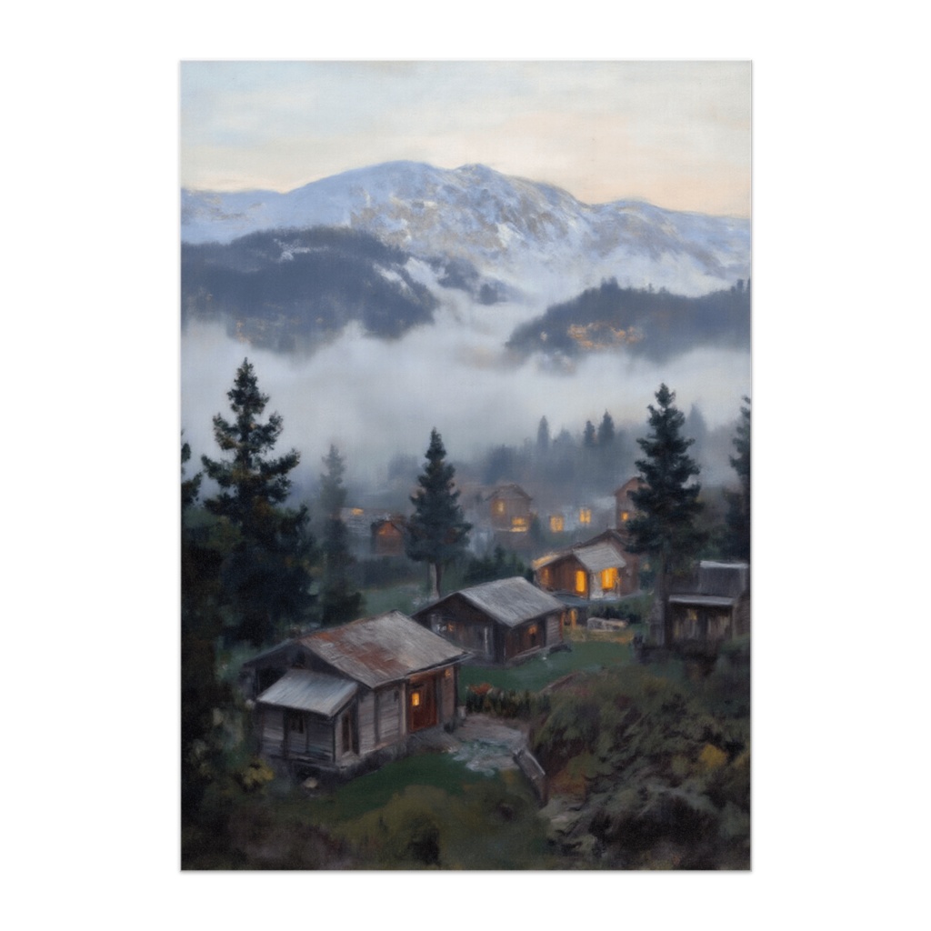 霧に包まれた山岳の村(油絵風ポスター)