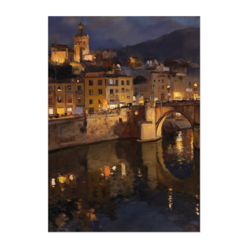 ランタンが灯る川辺の街夜景(油絵風ポスター)