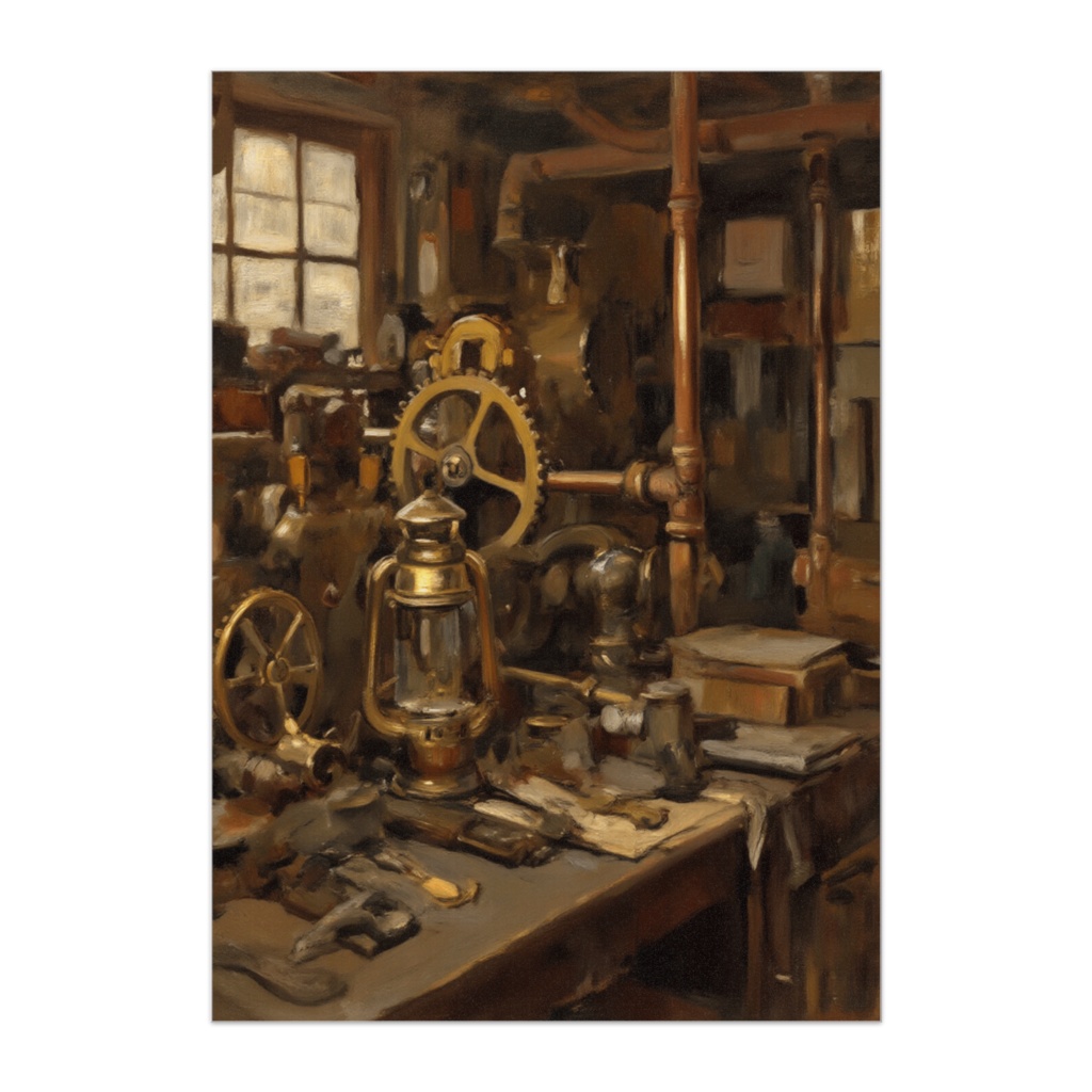 スチームパンク工房の静物（油絵風ポスター）