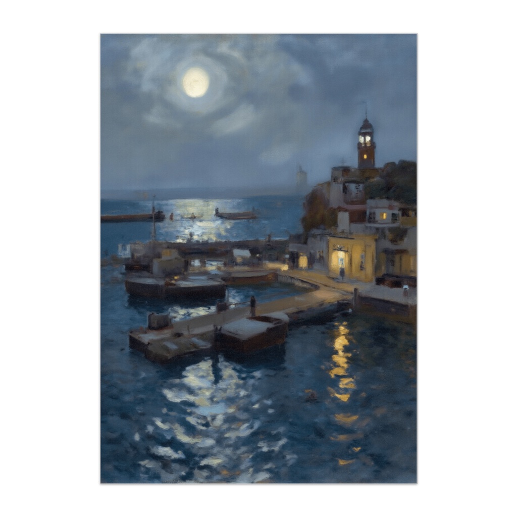 月明かりに輝く港町の夜(油絵風ポスター)