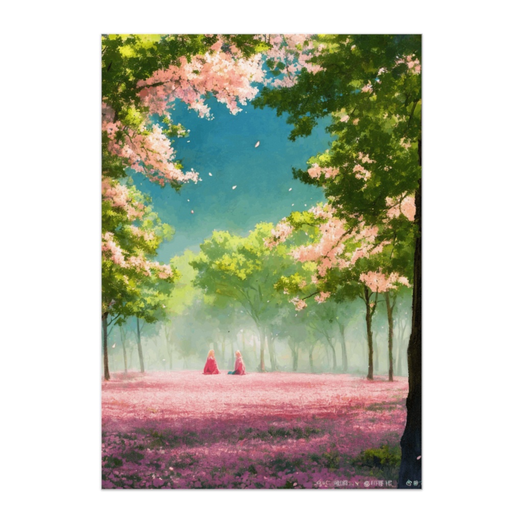 春光に満ちる桜の森(イラスト風・水彩油絵ポスター)
