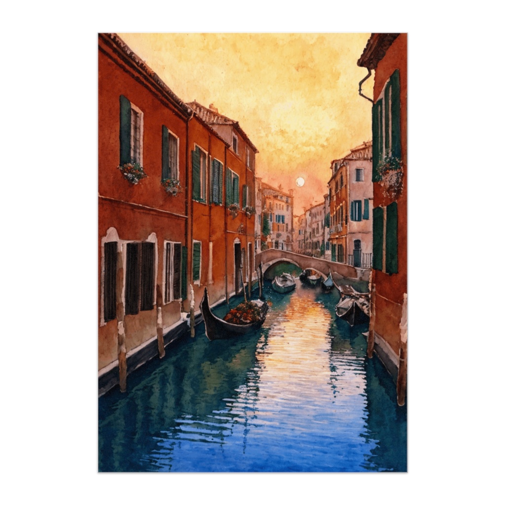 朝焼けのベネチア運河(水彩油絵タッチ・風景ポスター)