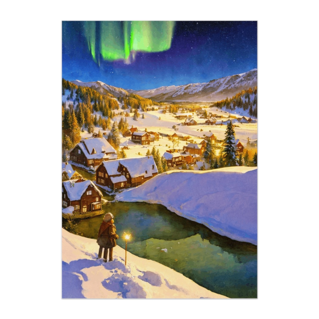 オーロラが照らす北欧の雪の村(水彩油絵ポスター)