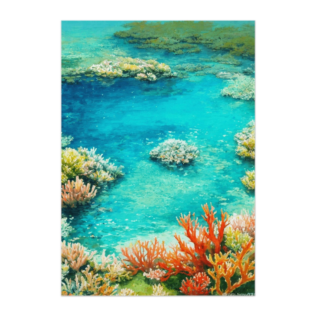 透明な海に広がるサンゴ礁(水彩油絵風・癒しポスター)