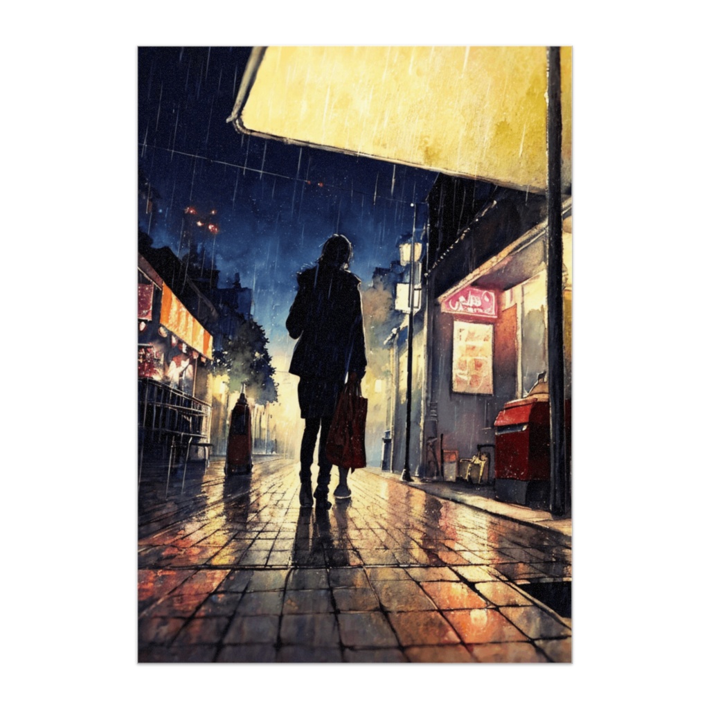 雨の夜道と光の反射（水彩油絵風・夜景ポスター）