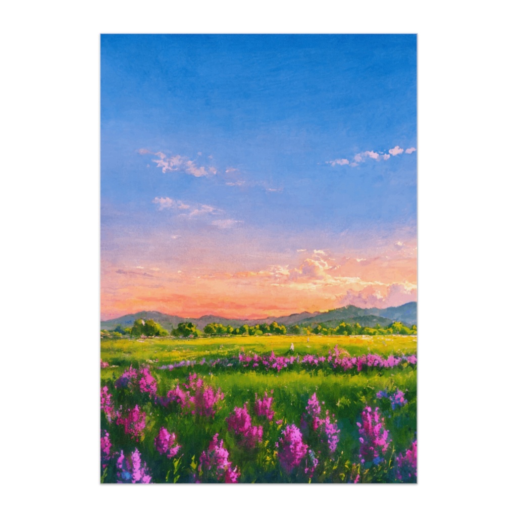 夕暮れ色のラベンダー畑（水彩油絵タッチ・風景ポスター）