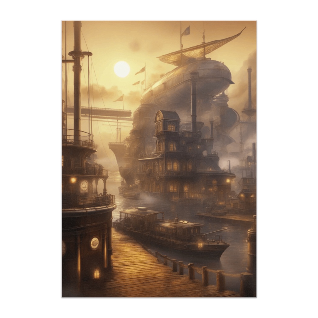 黄金に染まるスチームパンク港の夕景(イラスト風)