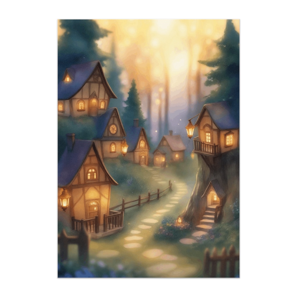 夕光に輝くミニチュア森の村（イラスト風）