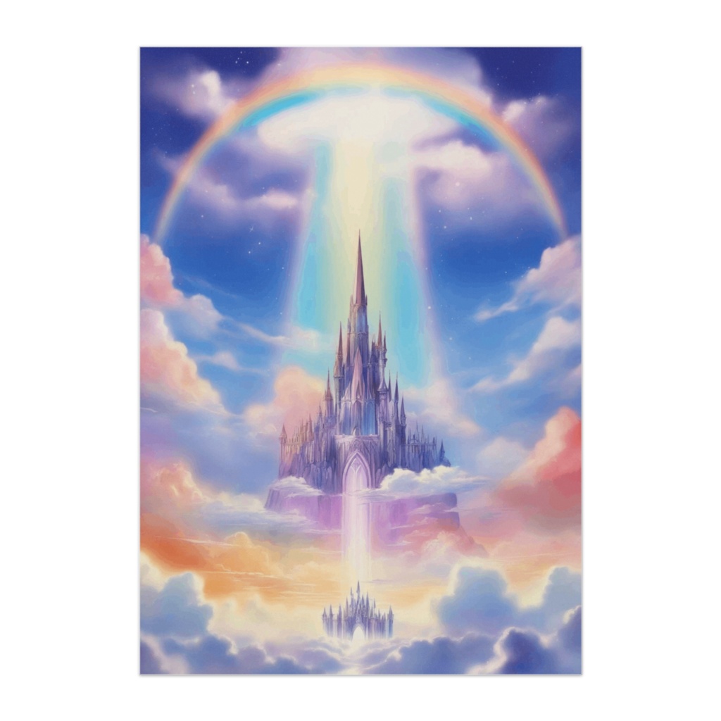 虹光にそびえる天空クリスタル王城（イラスト風）
