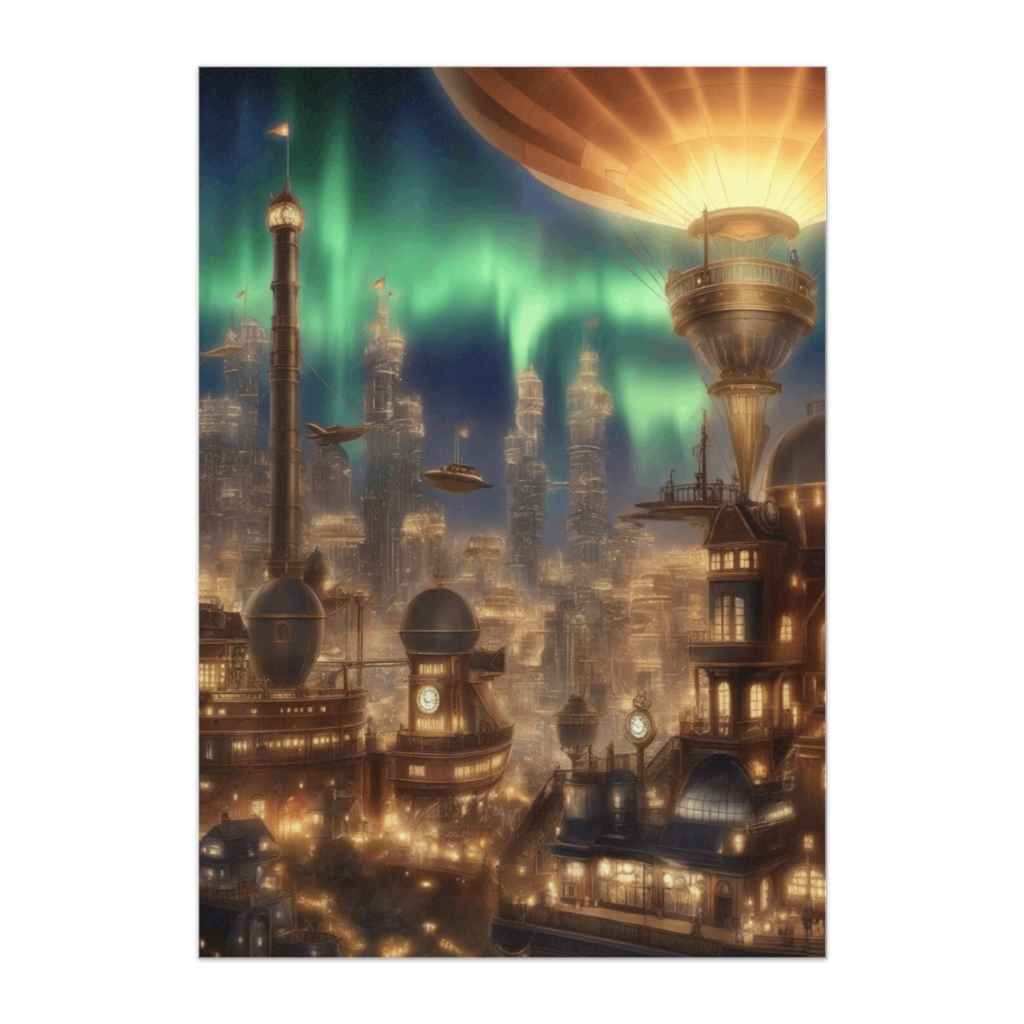 オーロラが照らすスチームパンク夜景都市（イラスト風）