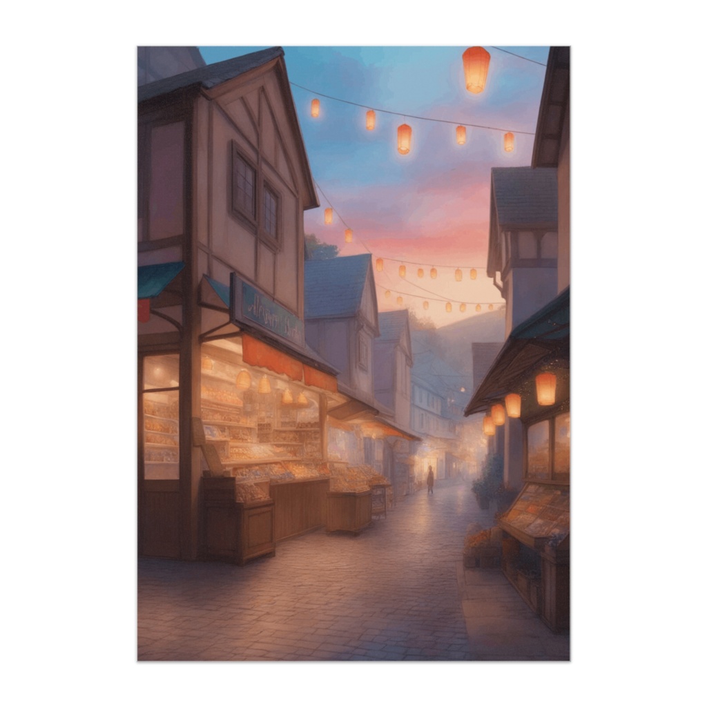 夕暮れ灯る幻想マーケットストリート（イラスト風）