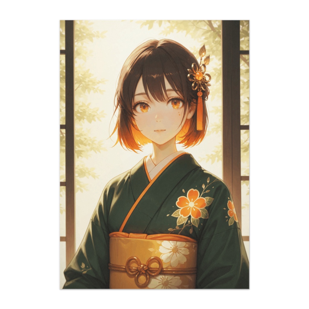 朝の光に微笑む緑振袖の美少女(イラスト風)