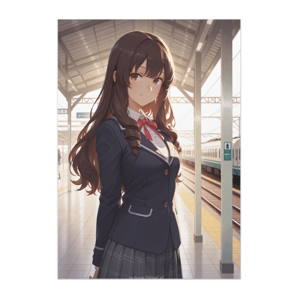 夕暮れホームに佇むネイビーブレザーの美少女ポスター