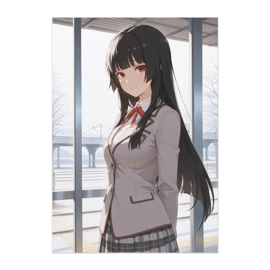 冬の駅に佇む白ブレザー美少女ポスター
