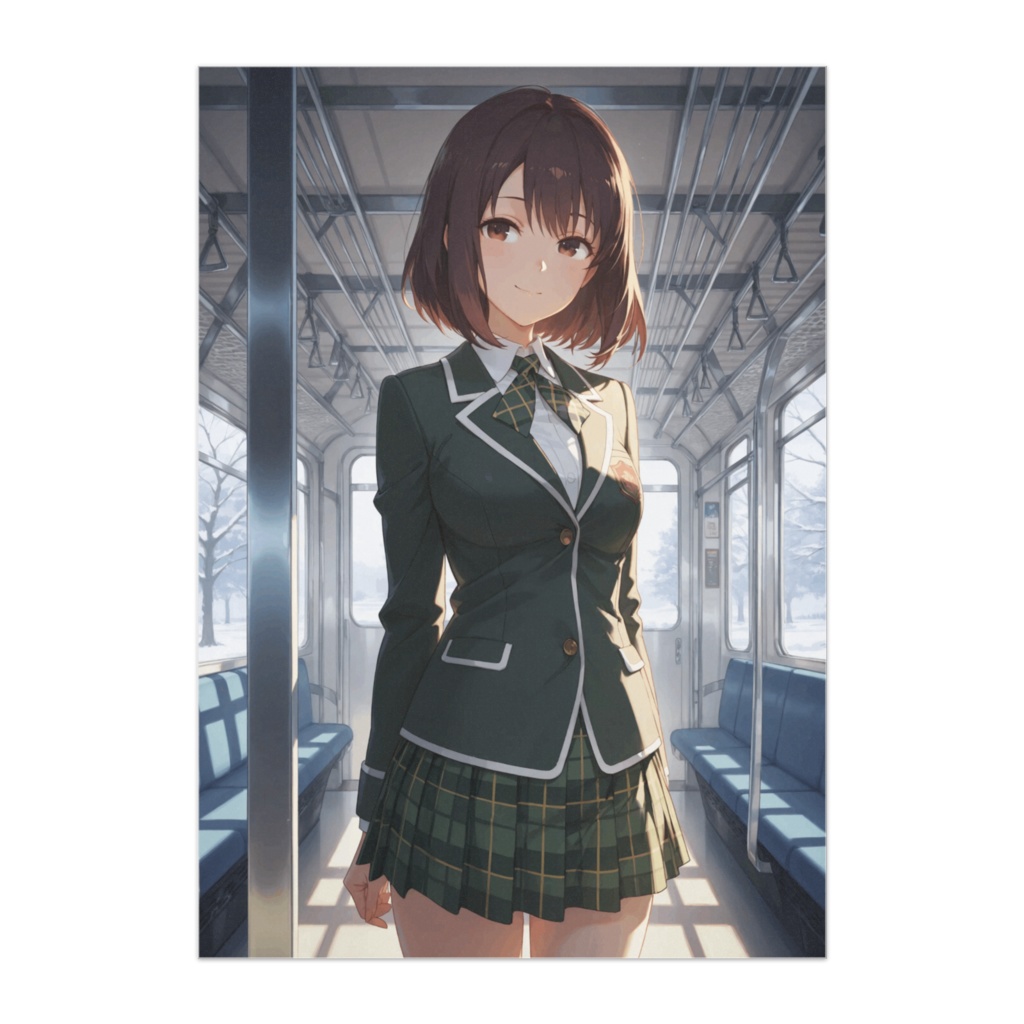 朝の車内に微笑むグリーンブレザー美少女ポスター