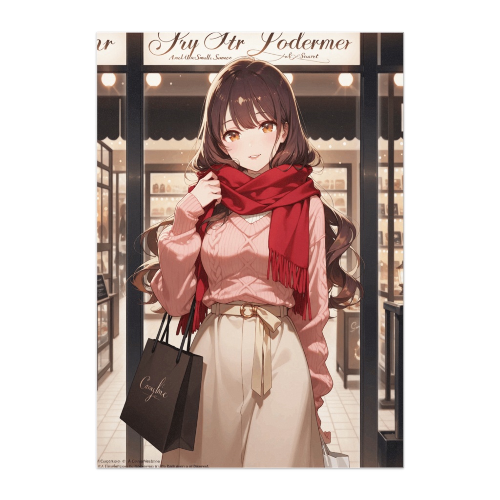 冬の街角のワインレッドガール(イラスト風)