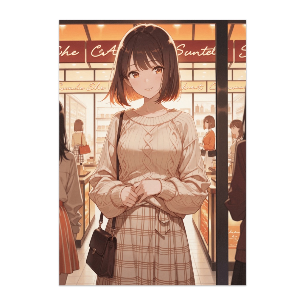 冬のカフェ前のベージュガール(イラスト風)