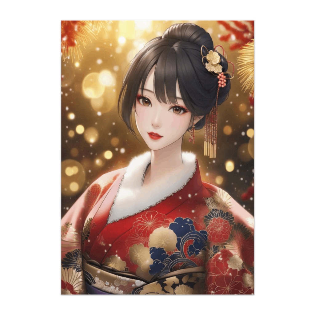 紅と金の華やぐ晴れ着美人ポスター(和風アニメスタイル)