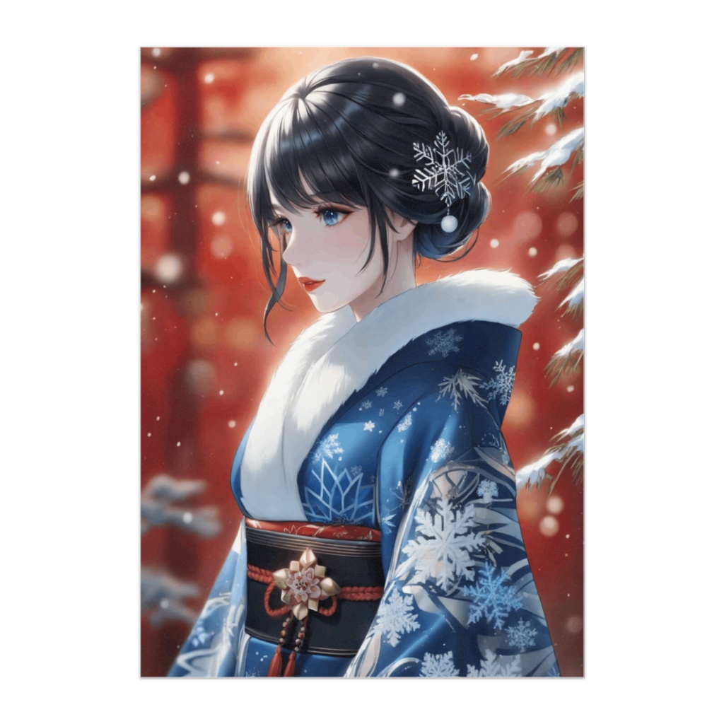 雪華の青振袖と凛とした和装美人ポスター（和風アニメ）