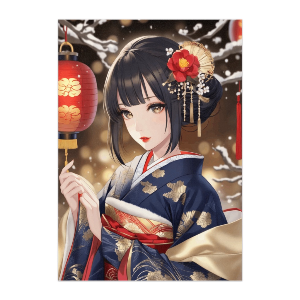 紺と金の椿飾り晴れ着美人ポスター（和風アニメ）