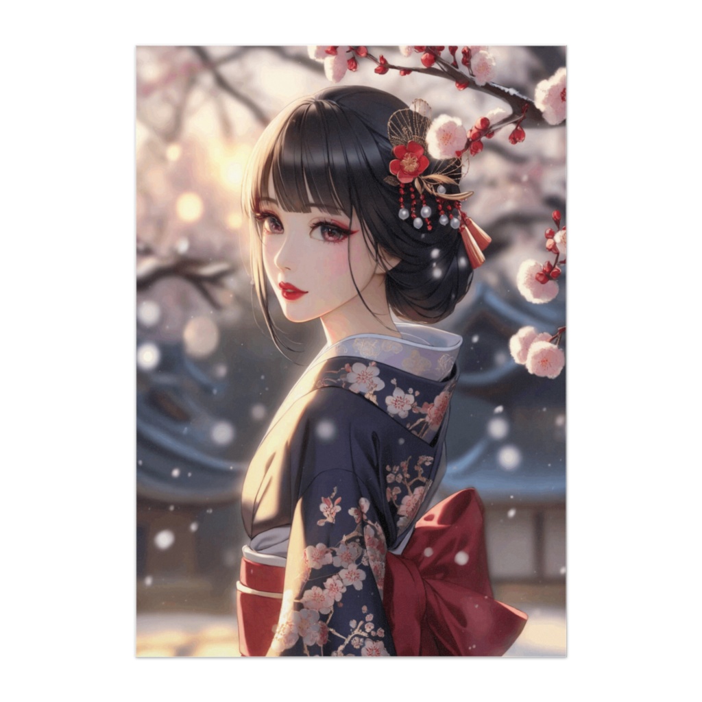 梅の花と夕光に佇む晴れ着美人ポスター(和風アニメ)