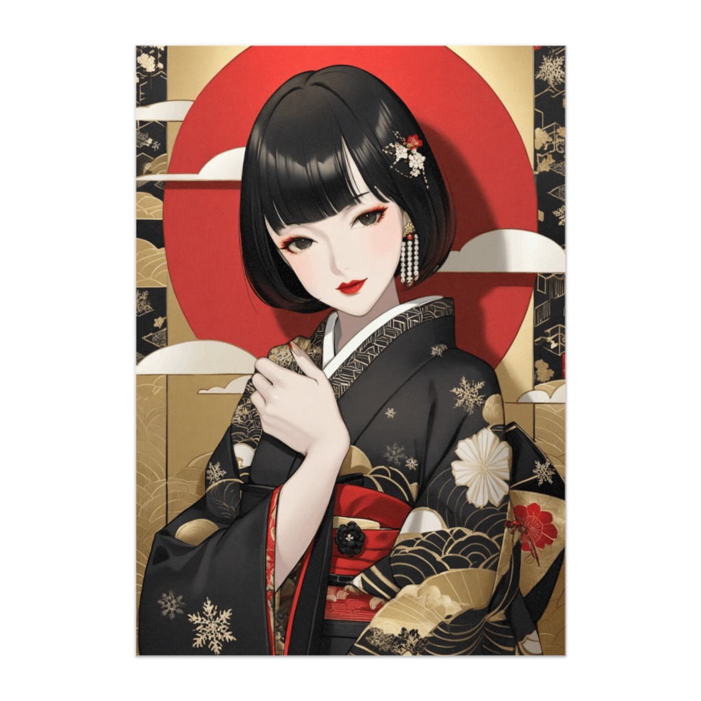 漆黒と金の格式を纏う大和美人ポスター(和風アニメ)