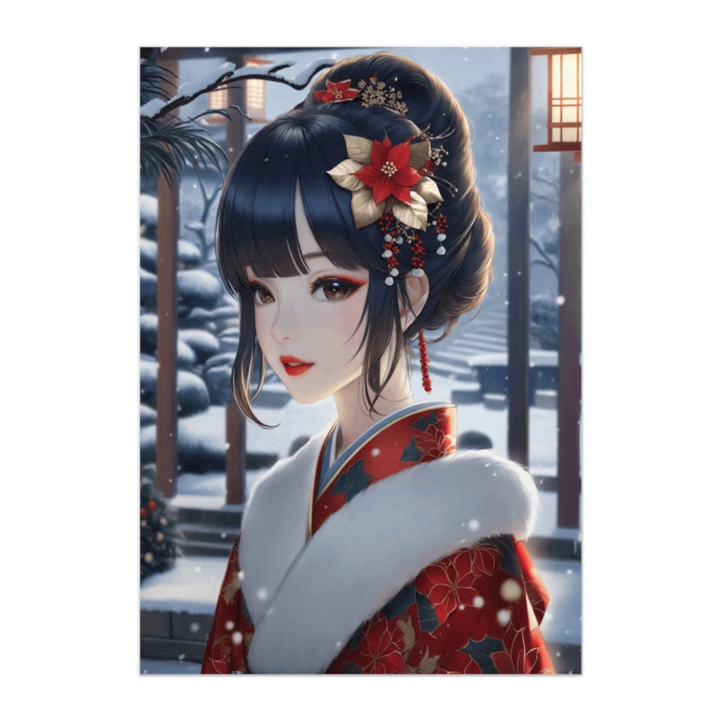 雪夜の境内に咲く椿飾りの晴れ着美人ポスター(和風アニメ)