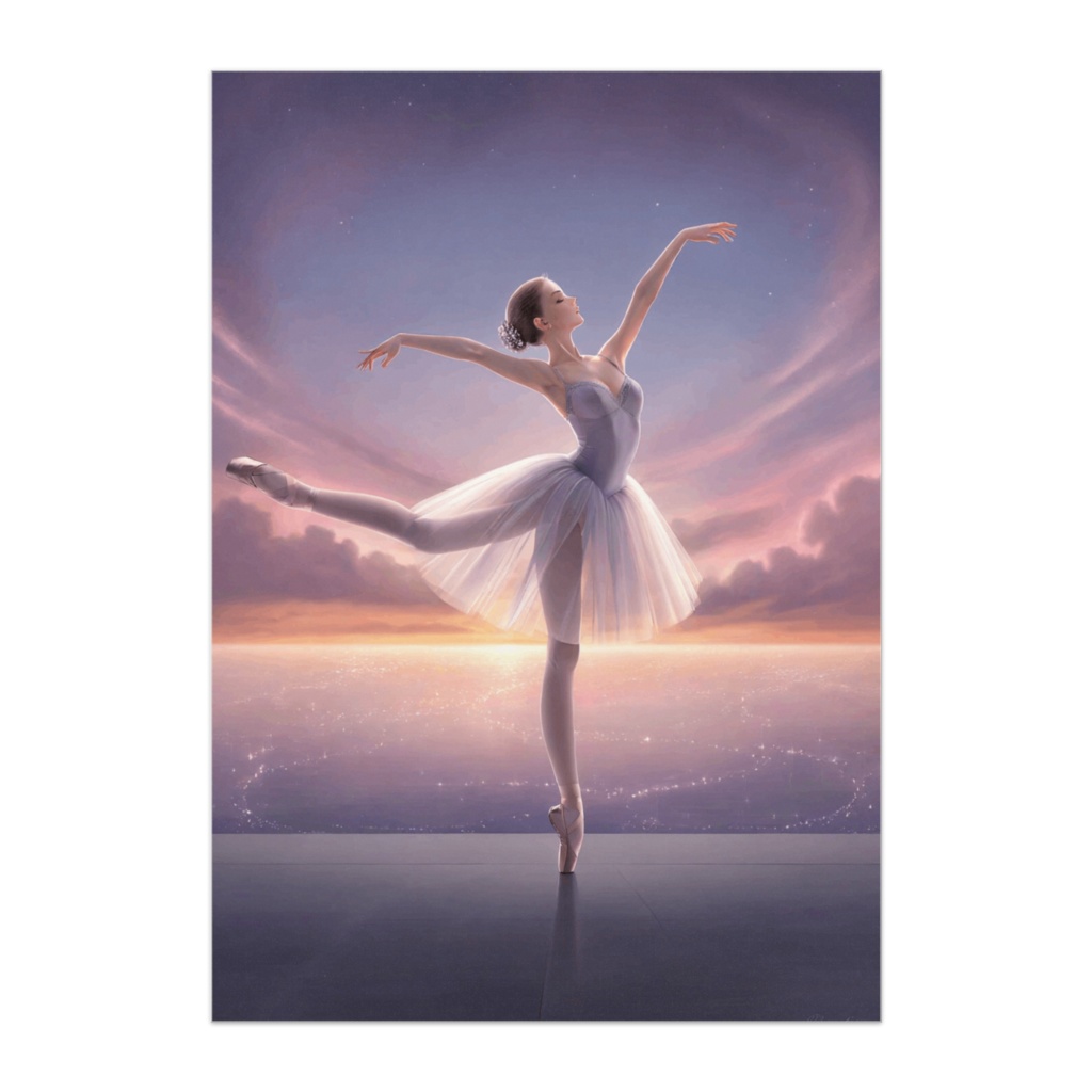 黄昏の海に舞うバレリーナ(幻想バレエアート風)