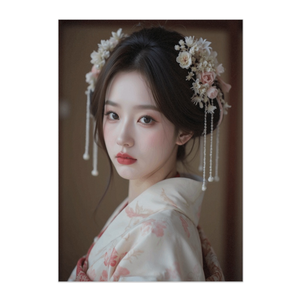 淡花に包まれた和装美人 ― やさしい横顔