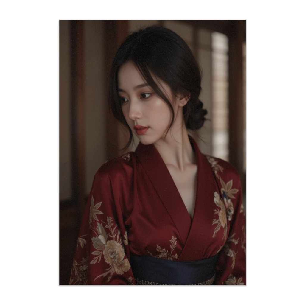 深紅に佇む ― 和装美人の静かな横顔