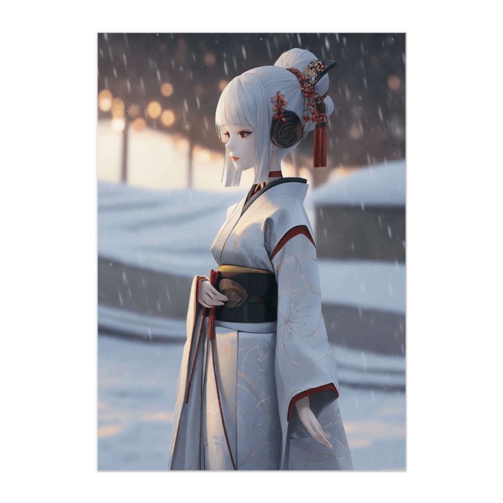 白銀に佇む横顔 ― 雪夜の和装美人