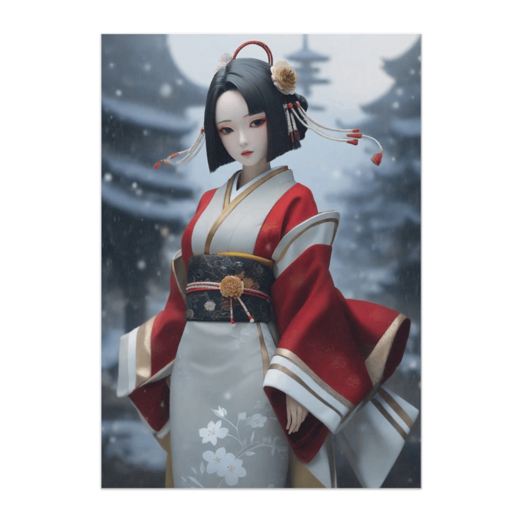 紅白の調べ ― 雪に舞う振袖美人