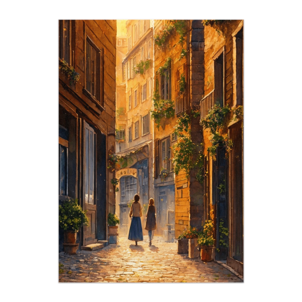 夕暮れの路地を歩くふたり ― 水彩油彩風ヨーロッパ街並みポスター