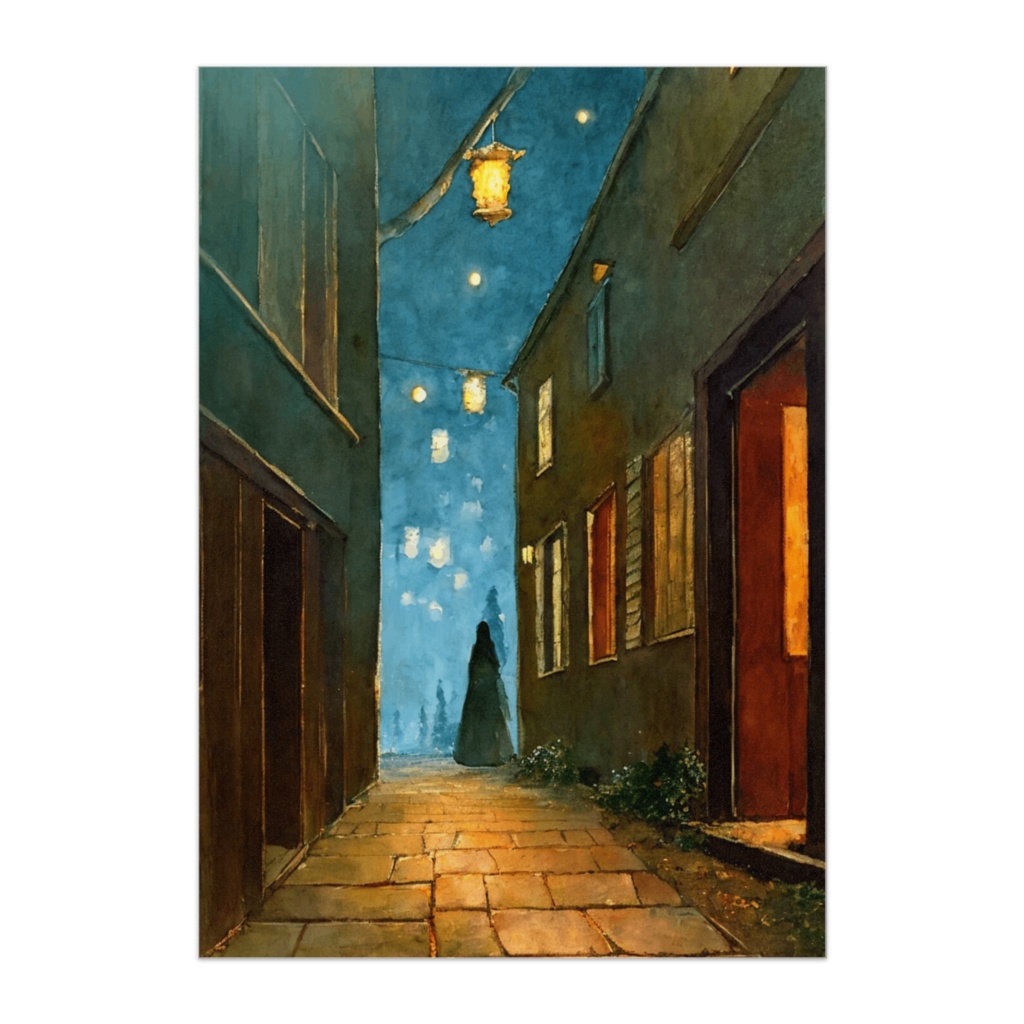 ランタン灯る夜の路地 ― 水彩油彩風 静寂の街角ポスター