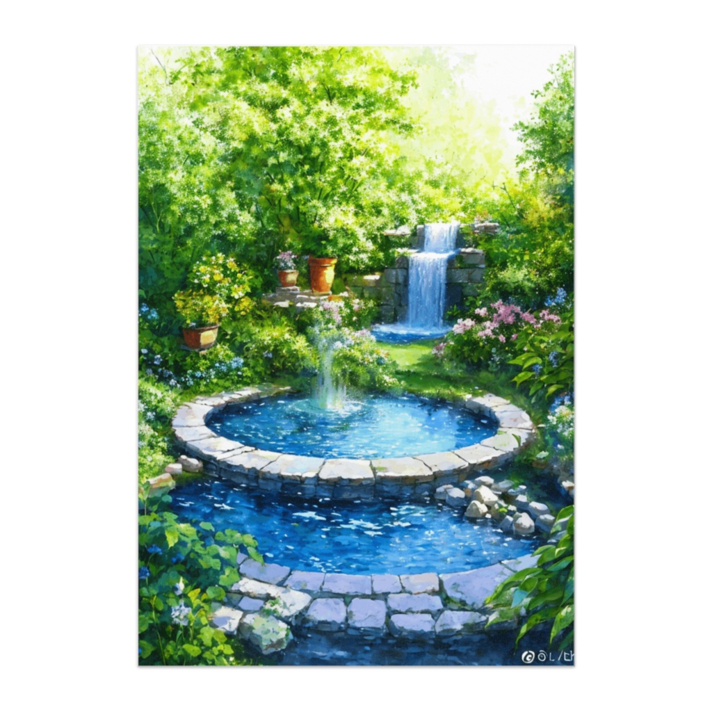 陽光に包まれた庭園の噴水 ― 水彩油彩風 癒しのガーデンポスター