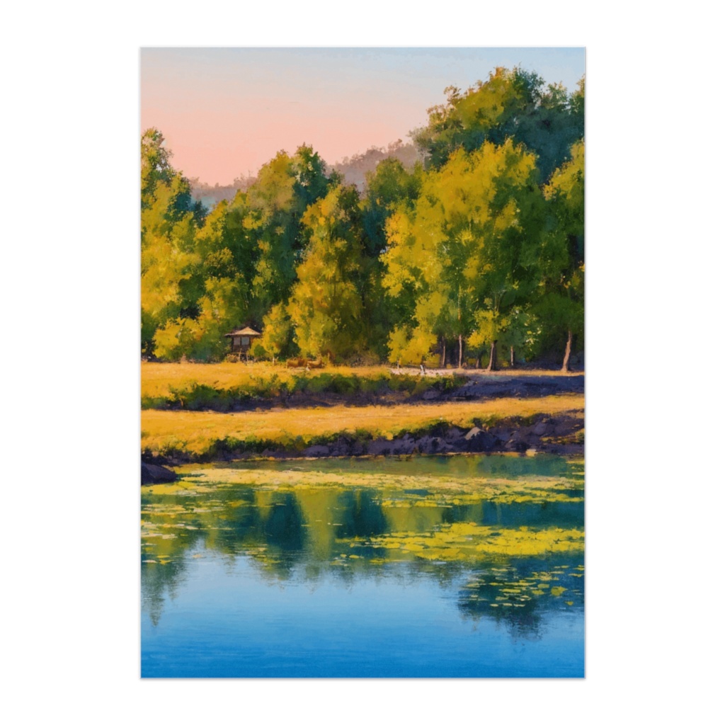 静かな湖畔の午後 ― 水彩油彩風 森と水面の風景ポスター