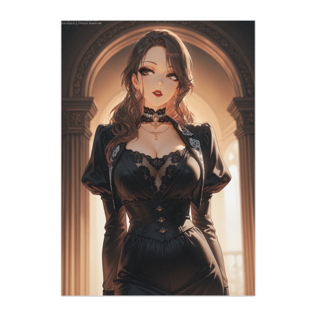 クラシックホールに佇む黒のエレガントレディ