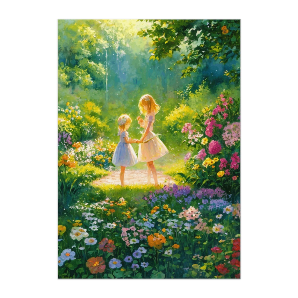 花園で手を取り合う小さな妖精たち