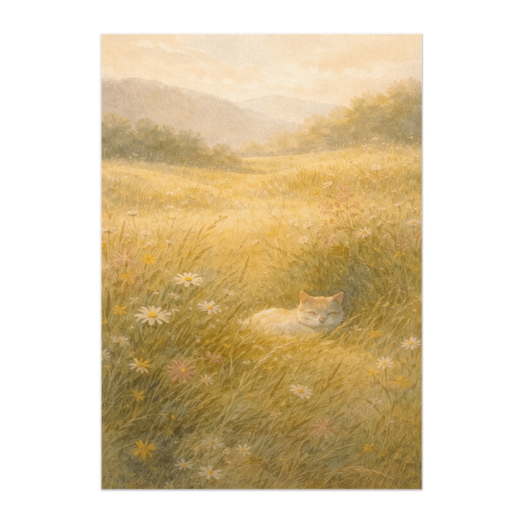 花咲く草原でくつろぐ小さな猫