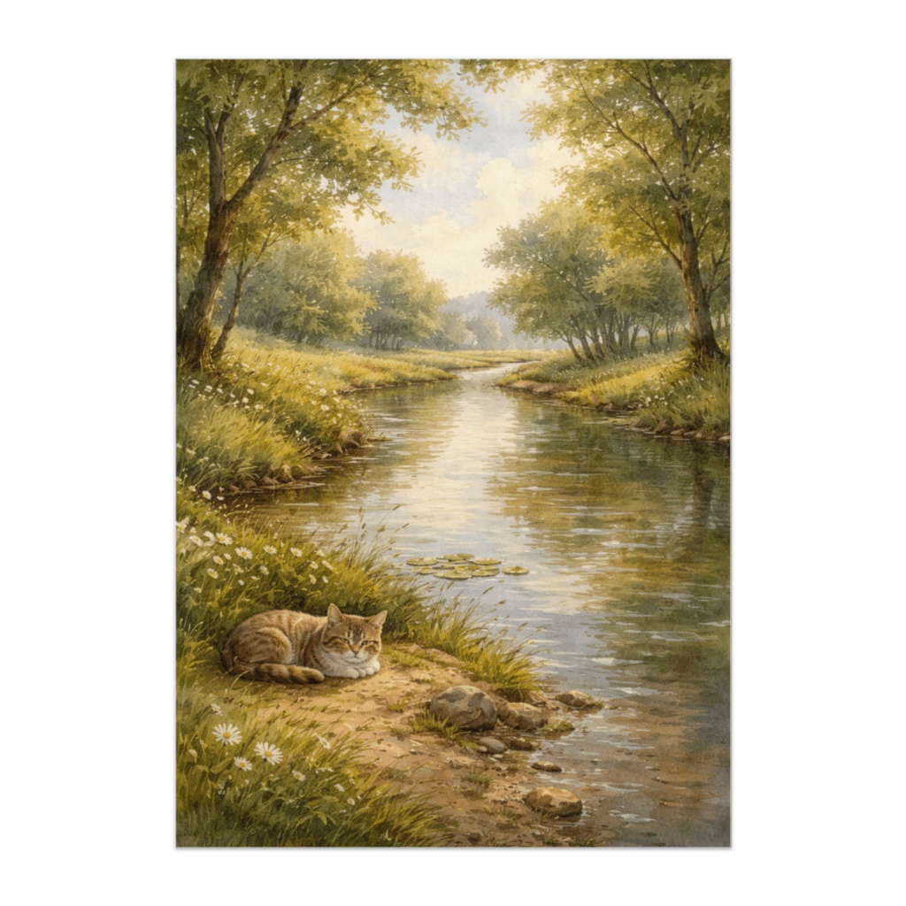 小川のほとりでくつろぐ猫