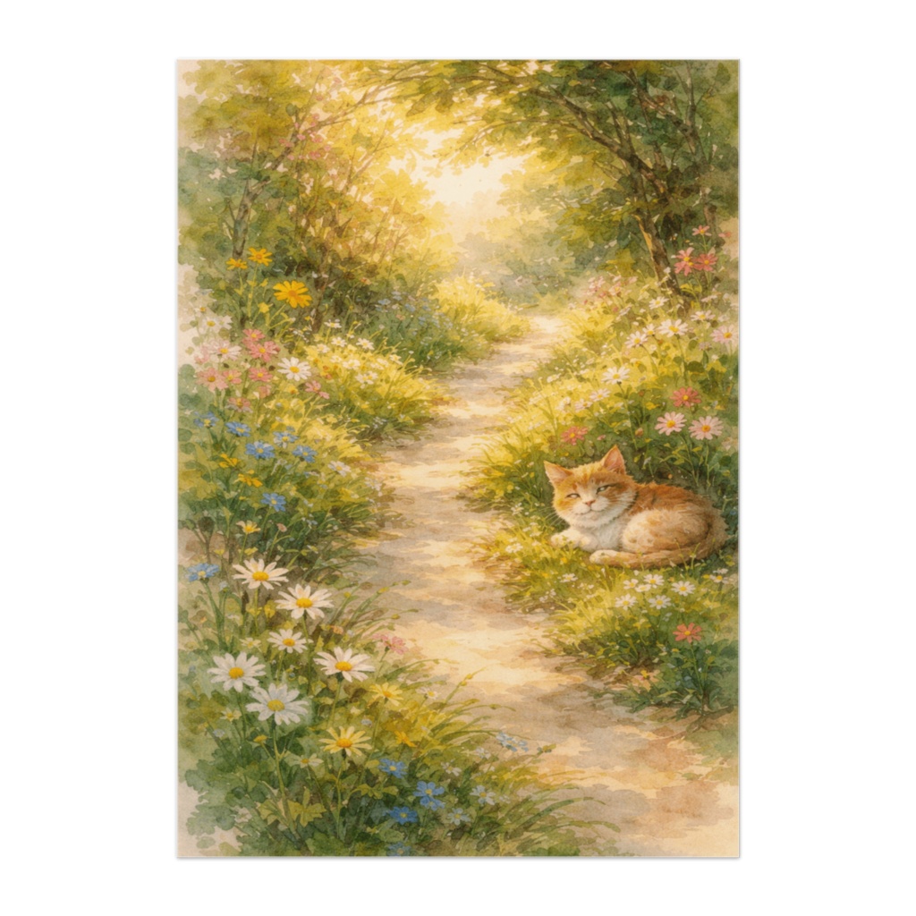 花に囲まれた小道とやすらぐ猫