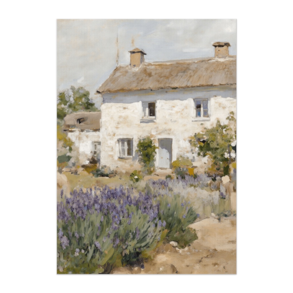 ラベンダー咲く白いコテージ ― イングリッシュガーデン油絵風ポスター