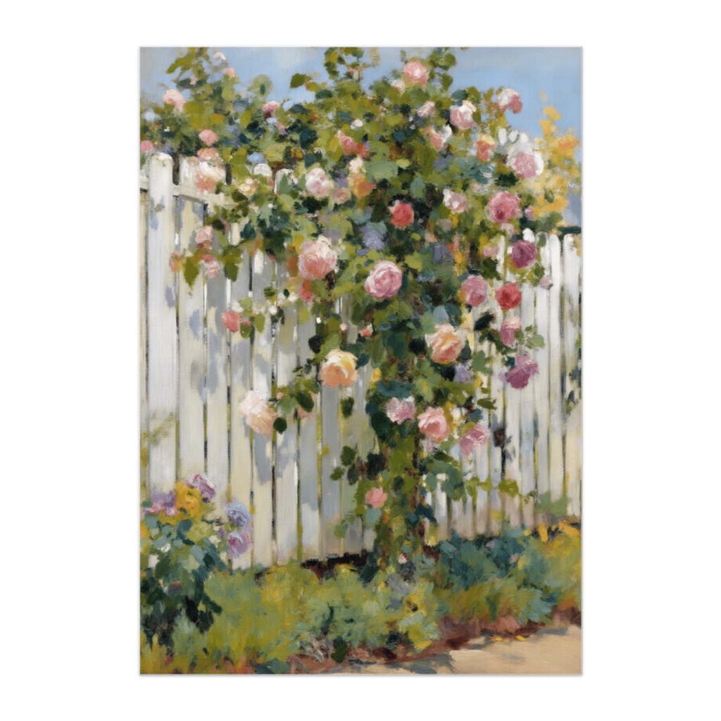 バラ咲く白いフェンス ― カラフルなイングリッシュローズガーデン