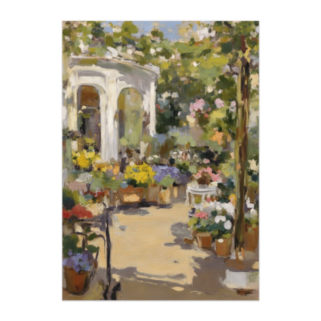 花あふれるガーデンテラス ― イングリッシュガーデン油絵風