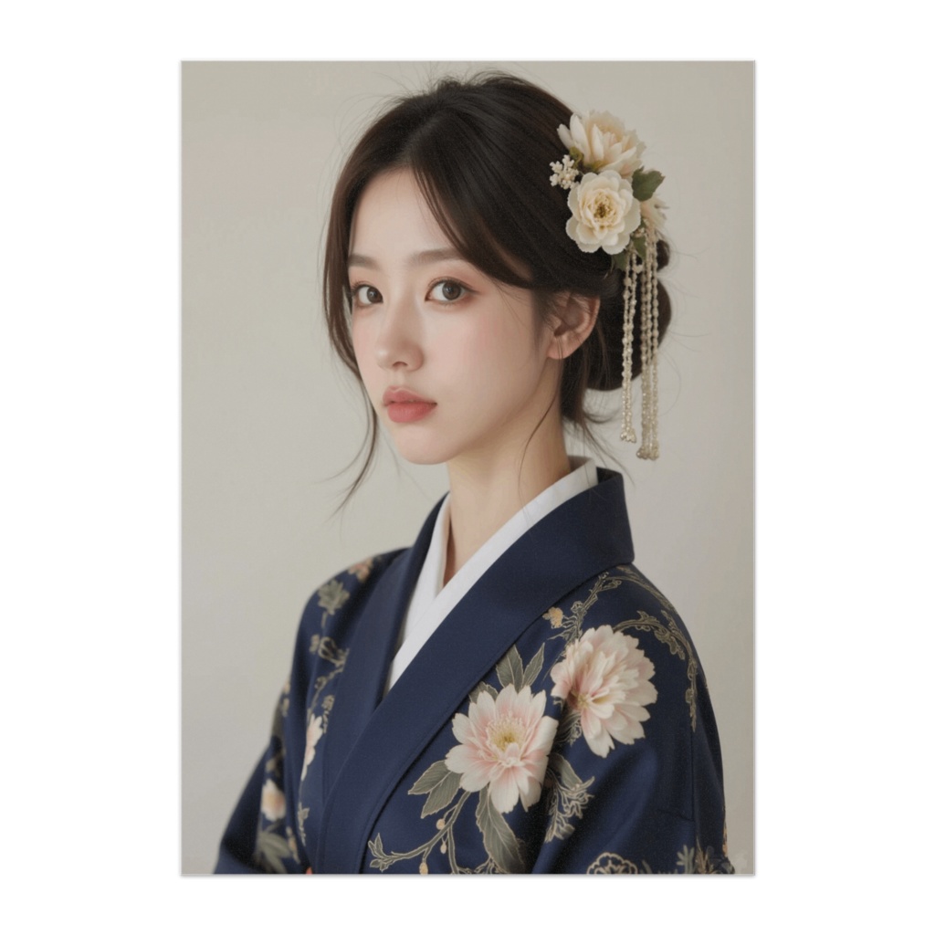 静花 ― 紺色着物の上品ポートレート